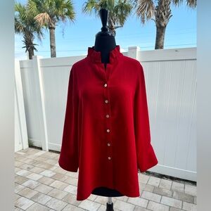 Red Boxy Button Down Shirt with Mandarin Collar